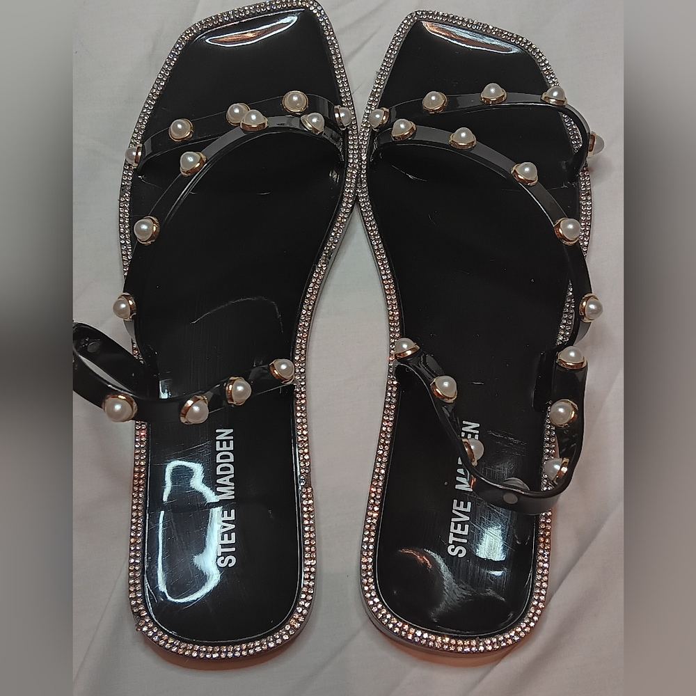 Steve Madden Jelly Faux Pearl Rhinestone Embellished Flats Sandals Women 10